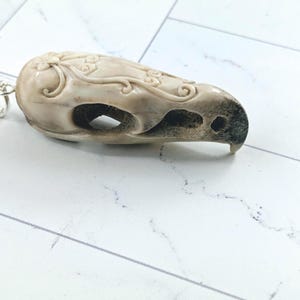Hand Carved Deer Antler Raven Skull Pendant, Bird, Floral Motif, 52x18mm