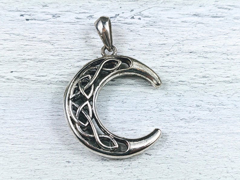 Large Antique Silver Twisted Moon Pendant, Lunar, Cutout Deisgn, 40x35mm, Crescent Moon image 1