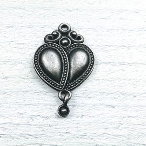 Rustic Patina Ornate Heart with Dangle Charm Pendant, Textured, Love, 40x26mm
