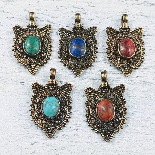 Ornate Brass Charm with Resin Center, Turquoise, Orange, Lapis, Red or Green, Waziri Pendant, Ethnic, Tribal, Point, 34x20mm