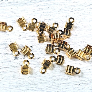 3mm Gold Plated Striped Fold Over End Clamp, 10pcs. Ribbon End, Crimp
