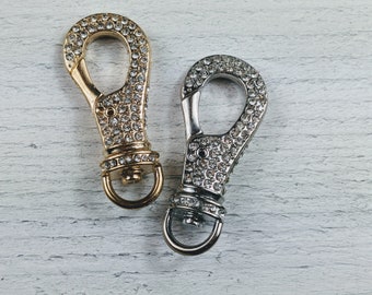 Large Gold or Silver Plated Clear Rhinestone Inlay Push Swivel Lobster Clasps, 27x63mm, 1pc.