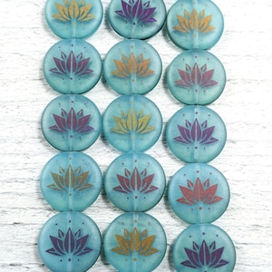 Czech Glass Laser Matte Blue Lotus Flower Beads, Round, Namaste, Yoga, 17mm, Double Sided, Floral, 8pcs.