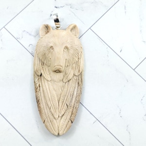 Beautiful Hand Carved Deer Antler Bone Bear Head with Feathers Pendant, 67x30mm, Ethnic