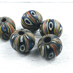 Indonesian Glass Round Beads, Hand Painted, 20mm, Large Hole, Yellow, White, Black, Blue, Red and White  Mix Design, Stripe, 1pc.  Jatim