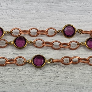 Vintage Faceted Purple Lucite and Copper and Brass Link Chain, Bezel Chain