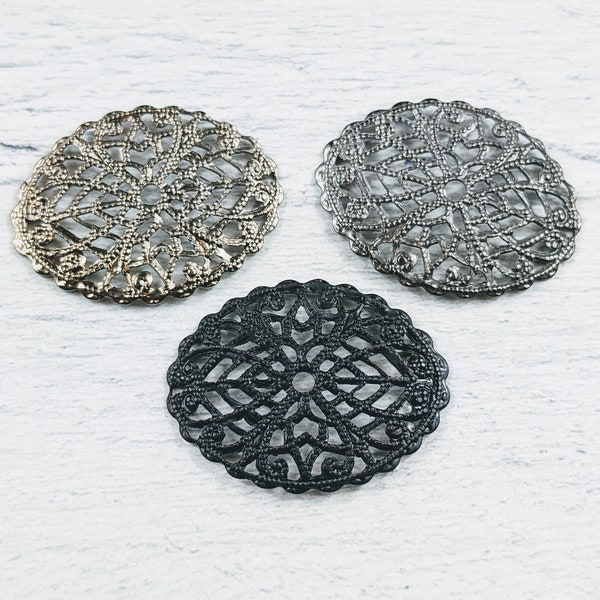 Vintage Antique Silver, Gunmetal or Matte Black Filigree Oval Connectors, Pendants, Link, Cabochon, 5pcs. 28x22mm