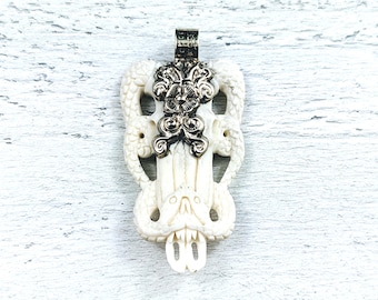 Tibetan Silver and Buffalo Bone Carved Longhorn Skull with Double Snake Ornate Pendant, Nepal, 70x38mm