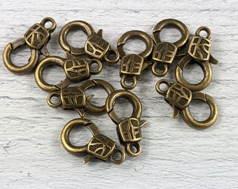 Antique Brass Textured Lobster Clasps, 10pcs. 17x11mm Abstract Design