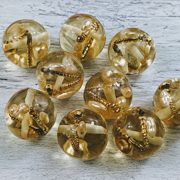 Vintage Acrylic with Floating Pearls and Gold Beads Round Bead, 25mm, 3pcs.