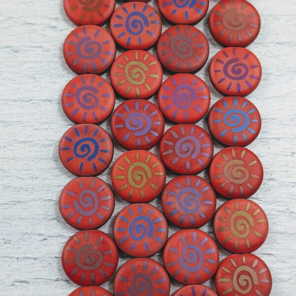 Czech Glass Laser Matte Sun Beads, Coral, Round, Sunshine, 14mm, Double Sided, Solar 8pcs.