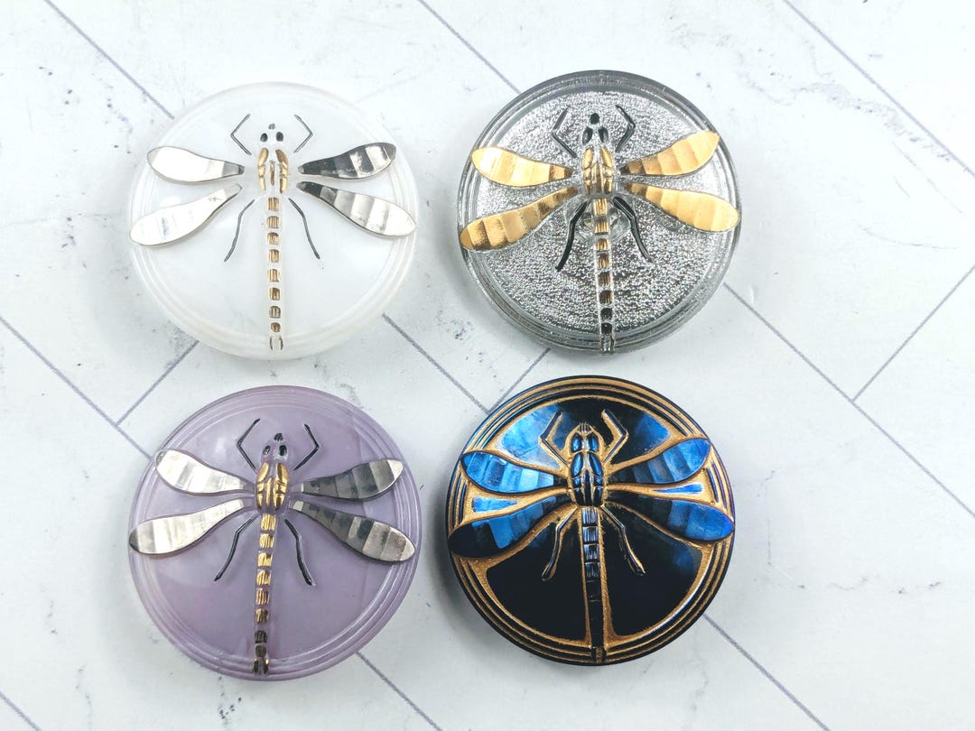 40mm Vintage Czech Glass Dragonfly Round Buttons, 1pc. Nature, Insect ...