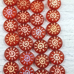 Czech Glass Laser Sun Beads, Round, Mixed Color Sun, 14mm,  Double Sided, 8pcs. Orange