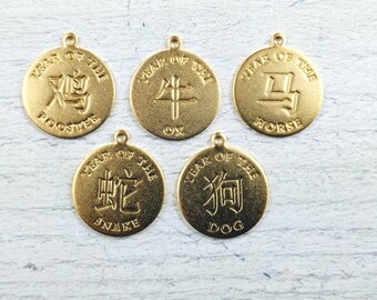 2pcs. Satin Matte Gold Plated Zodiac Charms, Chinese New Year, Year of Dog, Snake, Rooster, Ox or Horse, 22x20mm