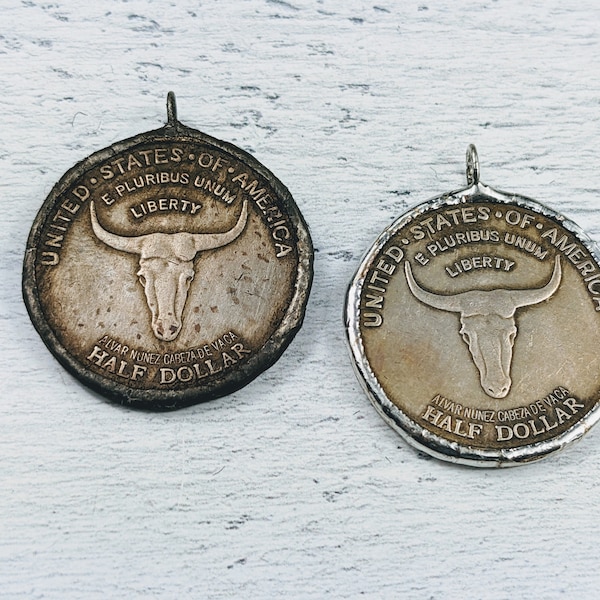 Western Longhorn Old Spanish Trail El Paso Half Dollar Soldered Coin Pendant, Replica, Steer, Bull, 32mm, Silver or Patina, Replica