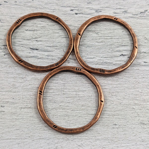 Large Antique Copper Plated Pewter Hammered Round Rings, Connectors, Links, 34mm, 3pcs. Pendants