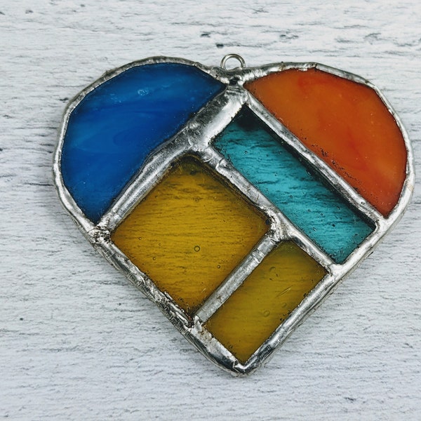 Large Hand Soldered Stained Glass Heart Pendant, Love, Blue, Orange, Yellow, Green, 50x57mm, Mosaic