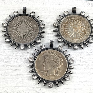 Matte Gunmetal and Crystal Rhinestone Argentine Sun, Sun and Moon or Lady Liberty Replica Coin Pendants, Medallion, Bezel,  38mm, 1pc.