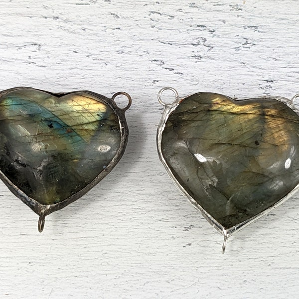 Hand Soldered Flash Labradorite Gemstone Heart Pendant, Connector, Link, Love, 1pc. Silver or Patina, 32mm