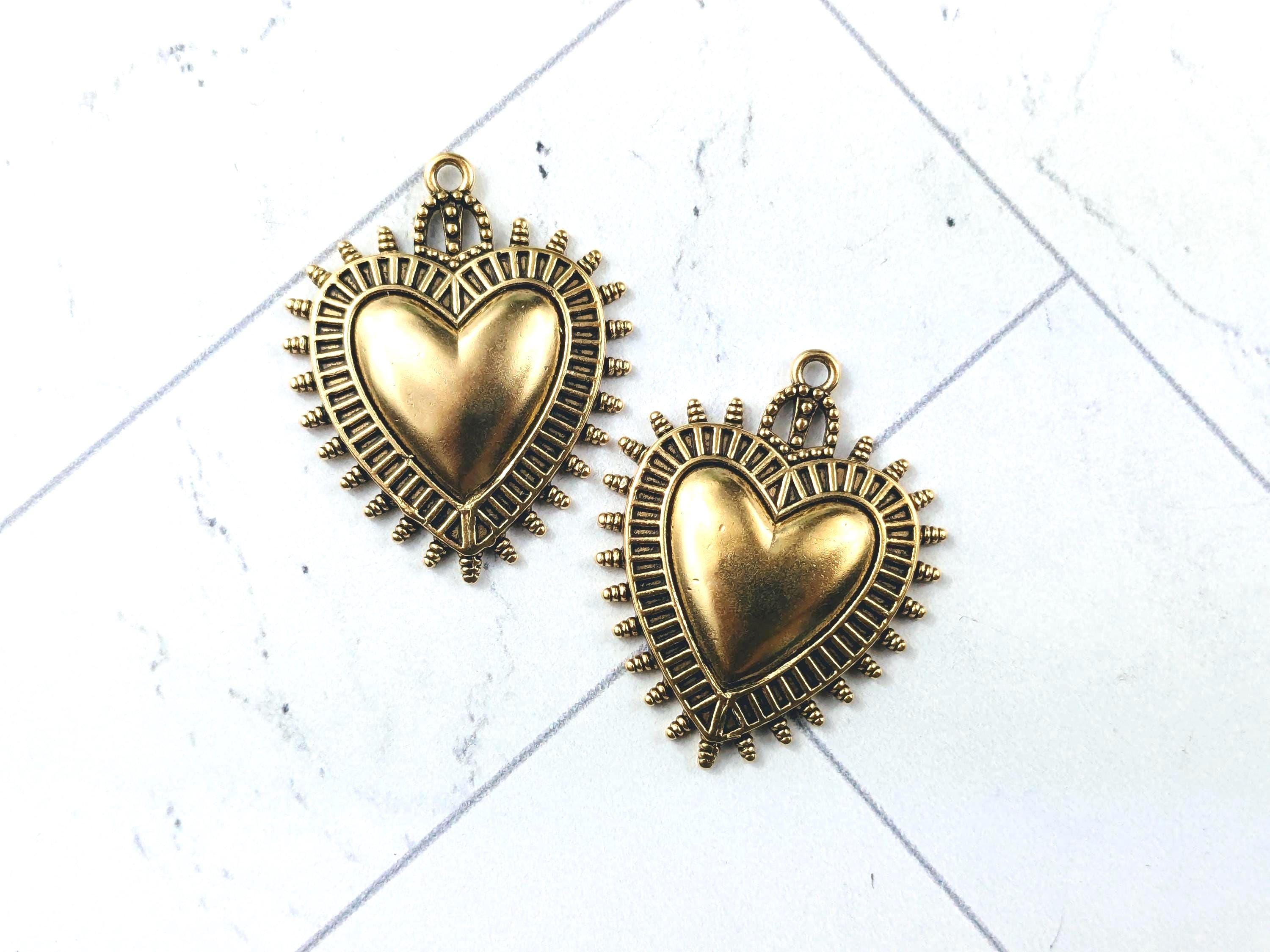 2pcs. Antique Gold Plated Sacred Heart Charms, Love, Spiritual 2pcs. Antique Gold Plated Sacred Heart Charms, Love, Spiritual