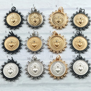 Sacred Heart Rhinestone Coin Charms, Bezel, Spiritual, Milagro, Matte Gold, Black, Matte Gunmetal, Matte Silver, Leaf Design, 1pc. 32mm,