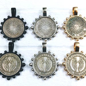 Antique Silver, Black or Antique Gold Plated Replica Coin Medallion Pendants, 1pc. Bezel, Argentina Sun or Angel Wings, 64x50mm