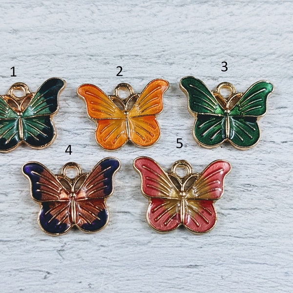 Enamel and Gold Plated Butterfly Charms, 15x20mm, 2pcs. Multi Colored, Green, Blue, Purple, Orange and Pink, Nature