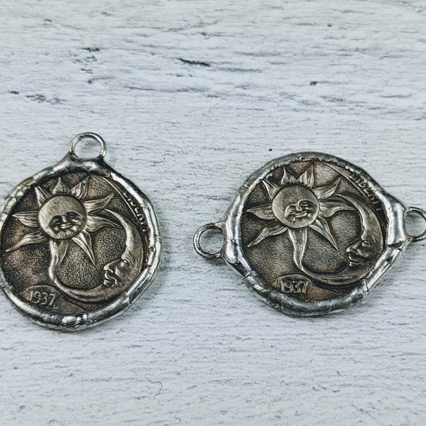 Hand Soldered Sun and Moon Charm, Connector, Link, Replica, Nickel, 21mm, 1pc. Bracelet