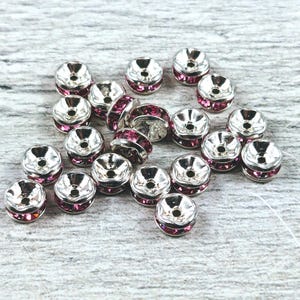 5mm Czech Glass Pink Rose and Silver Plated Rondelle  Beads, 12pcs. Rhinestone