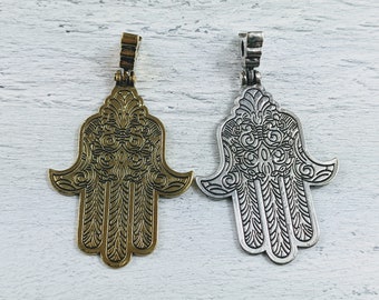 Large Ornate Design Double Sided Hamsa Pendant, Brass or Silver Hamsa Charm, Namaste, Yoga, Ethnic