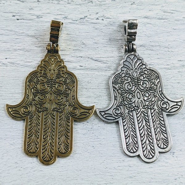 Large Ornate Design Double Sided Hamsa Pendant, Brass or Silver Hamsa Charm, Namaste, Yoga, Ethnic