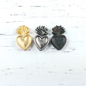 10pcs. Matte Gold, Antique Silver Ox or Rustic Brown Plated Double Sided Sacred Heart Beads, Milagro Voto, Love, 14x10mm, Rustic, Antiqued