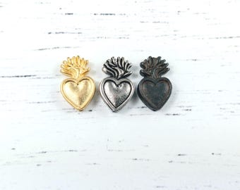 10pcs. Satin Matte Gold, Antique Silver Ox or Rustic Brown Plated Double Sided Sacred Heart Beads, Milagro Voto, Love, 14x10mm, Rustic