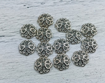 Antique Silver Filigree Flower Bead Caps, 11mm, 50pcs.