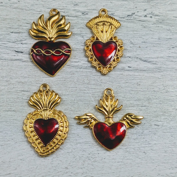 Gold Plated with Red Epoxy Sacred Heart Charms, 2pcs. Spiritual, Love, Religious, Wing, Barbed Wire, Milagro