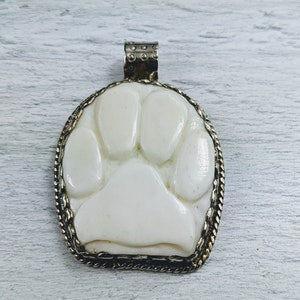 Tibetan Silver and Carved Buffalo Bone Dog Paw Pendant, Animal, Pet, Dog Lover, Animal, 57x38mm, Paw Print