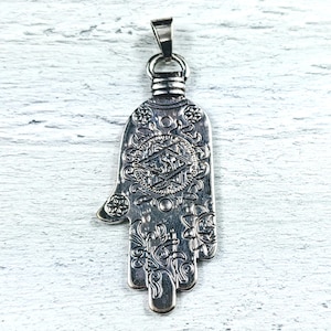 Large Ornate Design Double Sided Hamsa Antique Silver Pendant, Hamsa Charm, Namaste, Yoga, Ethnic, Hand of Fatima