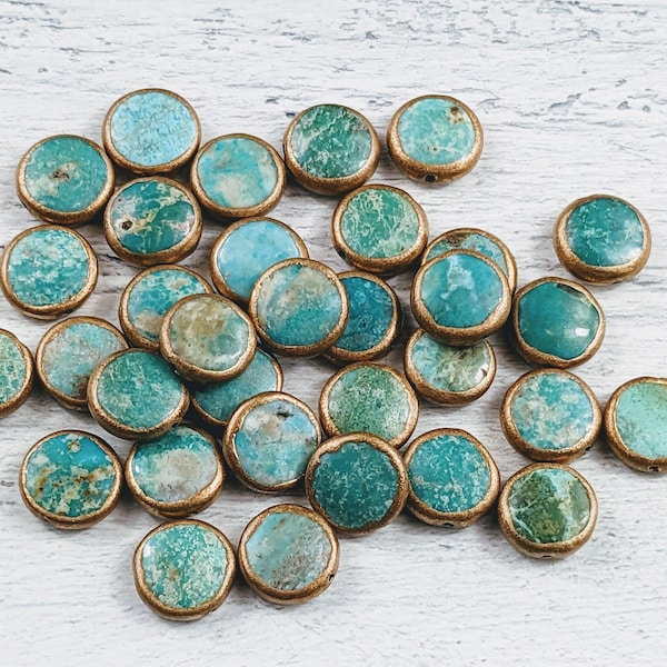 Discounted Turquoise with Gold Edging Coin Bead, 11mm, Southwestern, Disc Bead, 1pc.