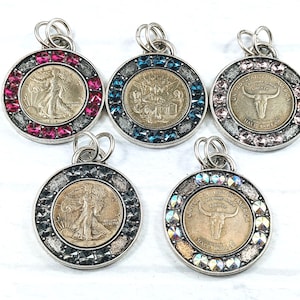 Mix and Match Antique Silver and Rhinestones Replica Coin Pendants,  45mm, Double Ring. 1pc., Longhorn, Liberty, Fairy, You Choose, Bezel