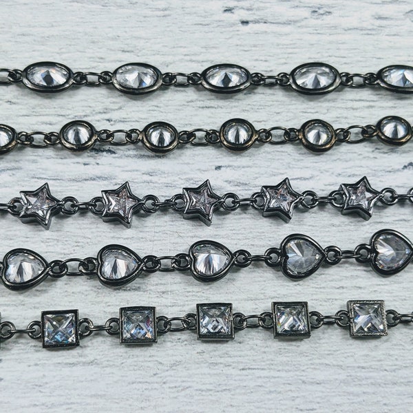 Gunmetal and Cz Crystal Rhinestone Link Chain, Oval, Round, Star, Heart or Square, Connector, Sold By The Foot,  1ft. 6-8mm