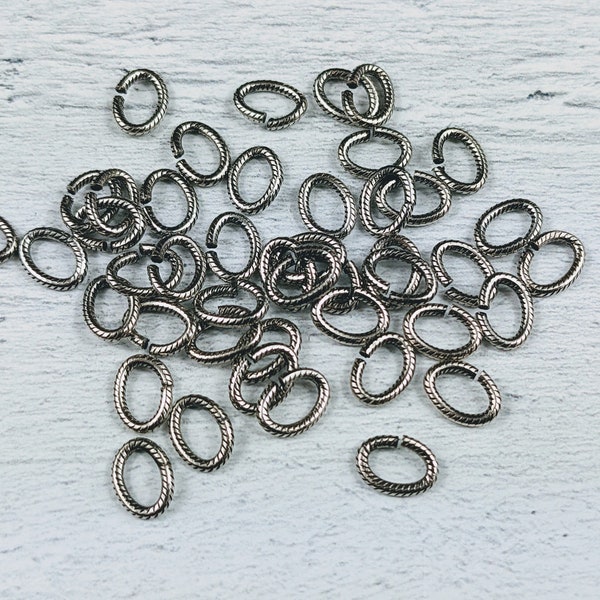 6x8mm Antique Silver Textured Oval Open Jump Rings, 16g, Sturdy Gauge