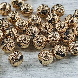 Gold Plated Lucite Flower Embossed Round Beads, Spacers, Floral, 25pcs. 6mm