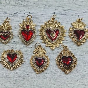 18k Gold Plated CZ Red Sacred Heart Charms, CZ, Love, Milagro Ex Voto, 1pc.