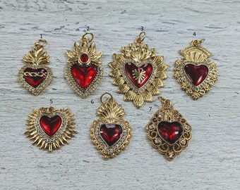 18k Gold Plated CZ Red Sacred Heart Charms, CZ, Love, Milagro Ex Voto, 1pc.