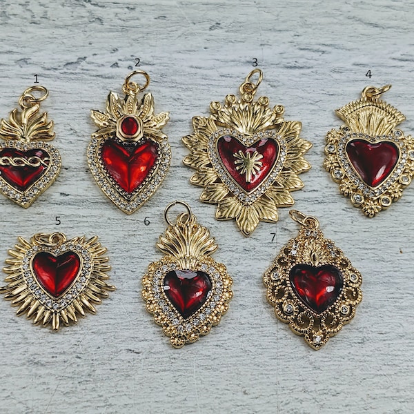 18k Gold Plated CZ Red Sacred Heart Charms, CZ, Love, Milagro Ex Voto, 1pc.