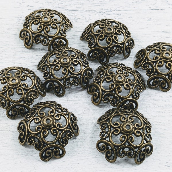 Large Antique Brass Ornate Filigree Bead Caps, 32mm, 4pcs.