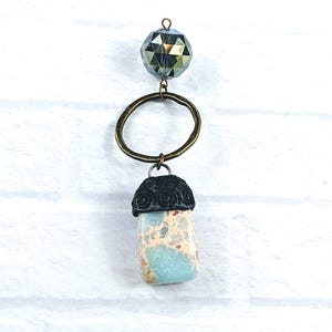 Natural Impression Sea Jasper Gemstone with Ring and Faceted Crystal Bead Dangle Pendant
