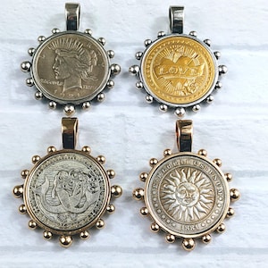 Antique Silver, Silver Ox, Antique Gold, Plated Replica Coin Medallion Pendants, 1pc. Bezel, Sun Moon, Mermaid, Liberty, Love