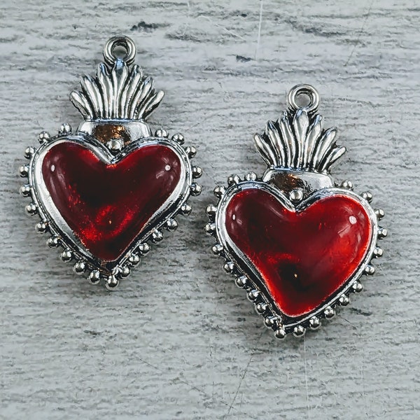 Antique Silver and Red Epoxy Sacred Heart Charms, Flaming, Spiritual, 2pcs. Love, 29x20mm, Puffy Heart