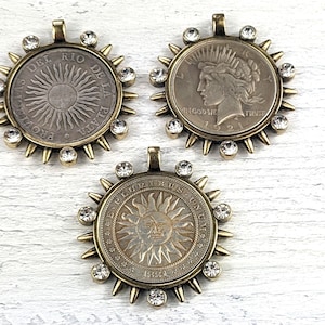 Antique Brass and Crystal Rhinestone Argentine Sun, Sun and Moon or Lady Liberty Replica Coin Pendants, Medallion, Bezel,  38mm, 1pc.